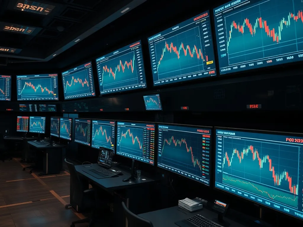 High-tech financial trading floor with multiple monitors dis