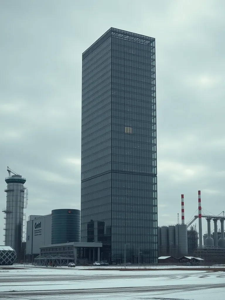 A high-contrast architectural photo of a modern glass skyscr