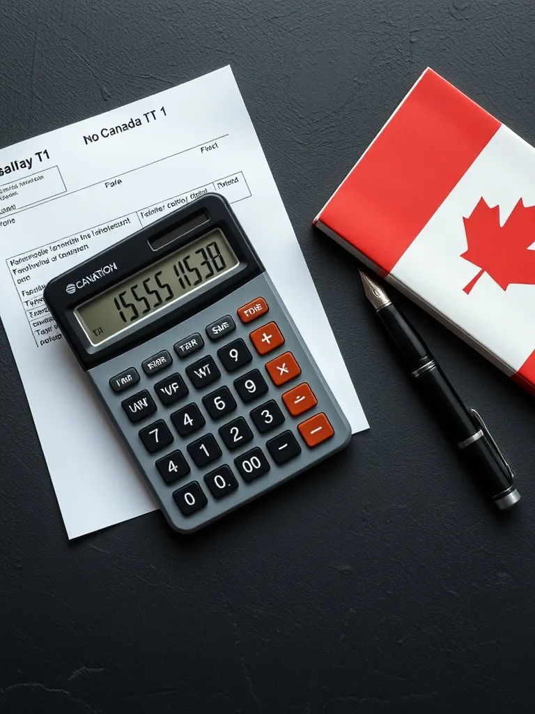A technical top-down photo of a calculator, a Canadian tax f
